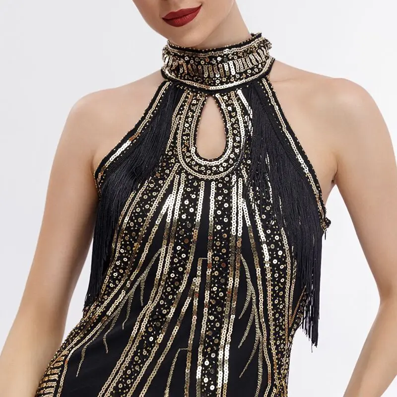 Feminino vintage 1920 grande gatsby festa flapper vestido pendurado pescoço colarinho sem mangas borlas lantejoulas vestidos de noite senhora vestido