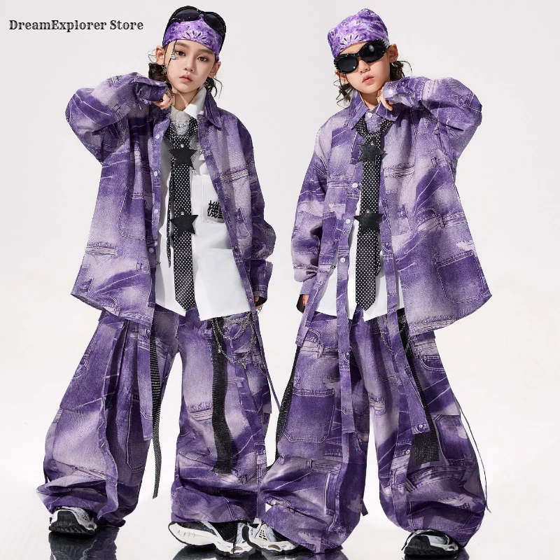 Boys Hip Hop Distressed Printed Shirt Cargo Pants Girls Cool Blouse Street Dance Costume Child Jazz Clothes Sets Kids Streetwear