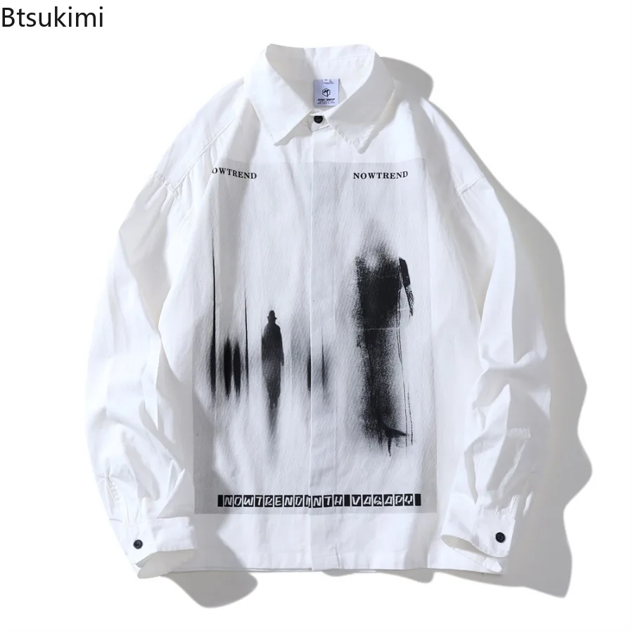 New Men's Black Shadow Printed Long Sleeve Shirts Fashion Streetwear Spring Autumn Loose Casual Shirts Personalized Men Clothing