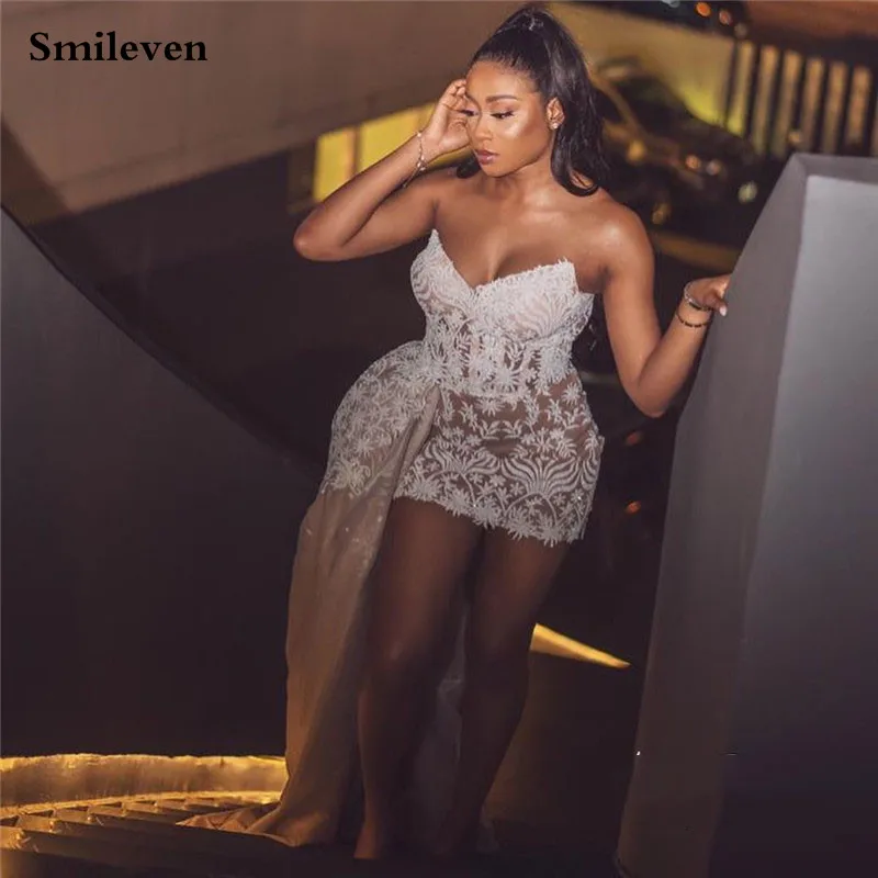 Smileven-Vestido de Noiva Champagne Strapless curto, Mini Saia, Appliqued Lace, Vestidos de Noiva