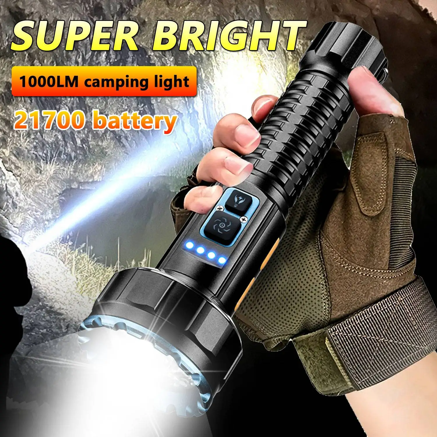 

Portable Camping Flashlight 2000LM 21700 Battery Rechargeable Outdoor IPX4 Waterproof Torch Magnetic Power Bank Work Lantern