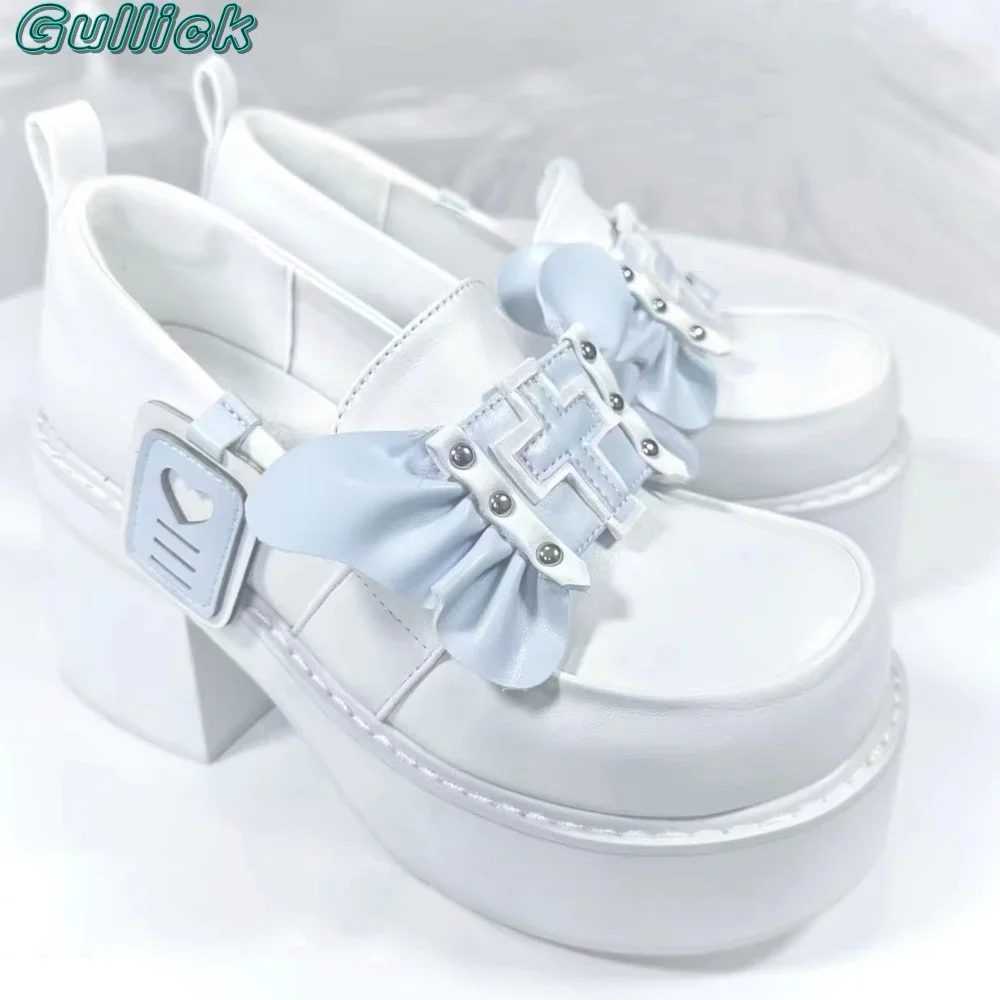 Gullick 나비 펌프스 여성용 신발 리벳, 둥근 발가락, 두꺼운 힐, 솔리드 커버 힐, 높이 증가, 레저 시간 아웃웨어 신발