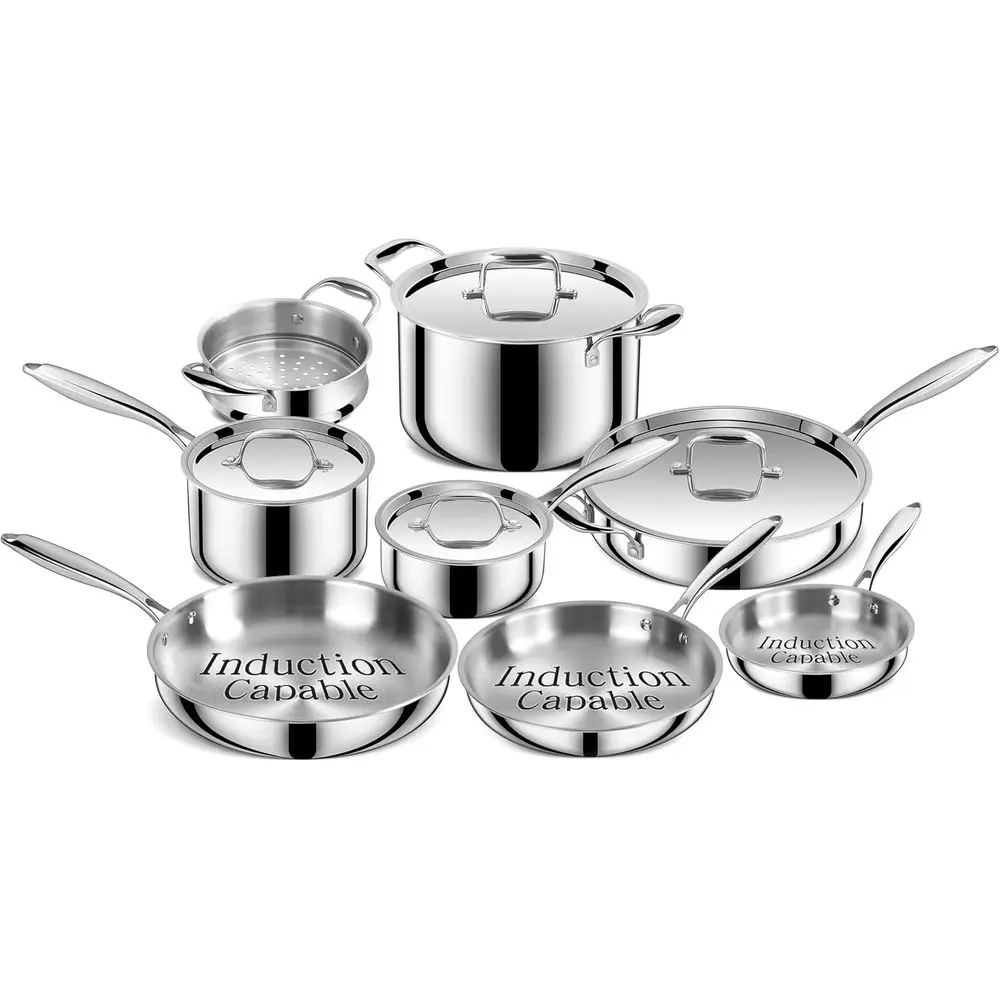 

Triple Ply Stainless Steel Pots and Pans Set, 12 Piece Induction Cookware, Oven Dishwasher Safe | Frying Pans, Saucepans, Saute