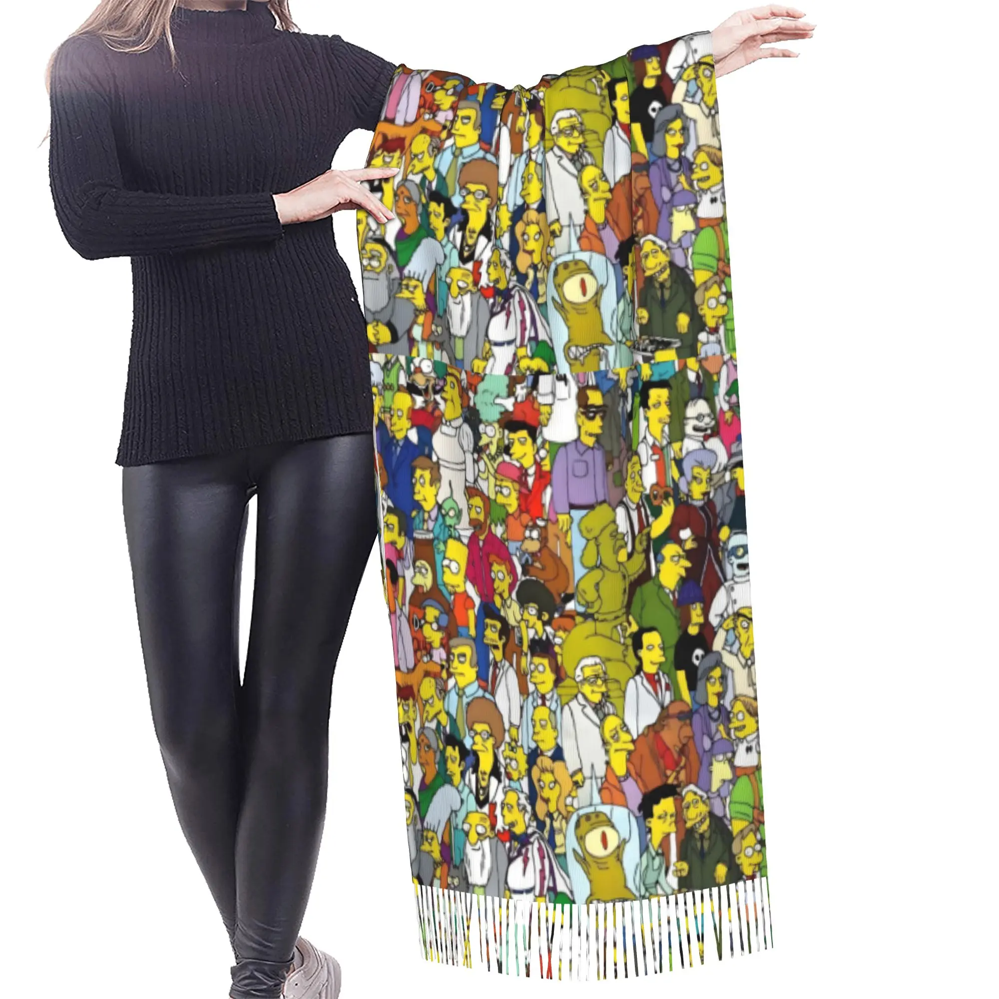 Custom S-Simpsonsed Anime Scarf Wrap for Women Long Winter Fall Warm Tassel Shawl Unisex Homer Cartoon Scarves