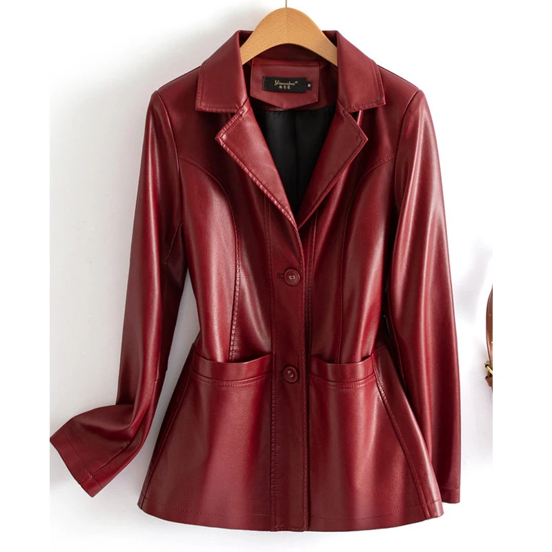 Chaquetas de piel de oveja para mujer, abrigos de manga larga de color rojo vino, informales, ajustadas, de cuero dividido, M-6XL, novedad de 2024