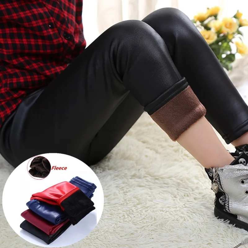 Kids Pants Autumn Winter Warm Girls PU Leather Pencil Pants Children Skinny Black Leather Leggings Girls Plus Velvet Trousers