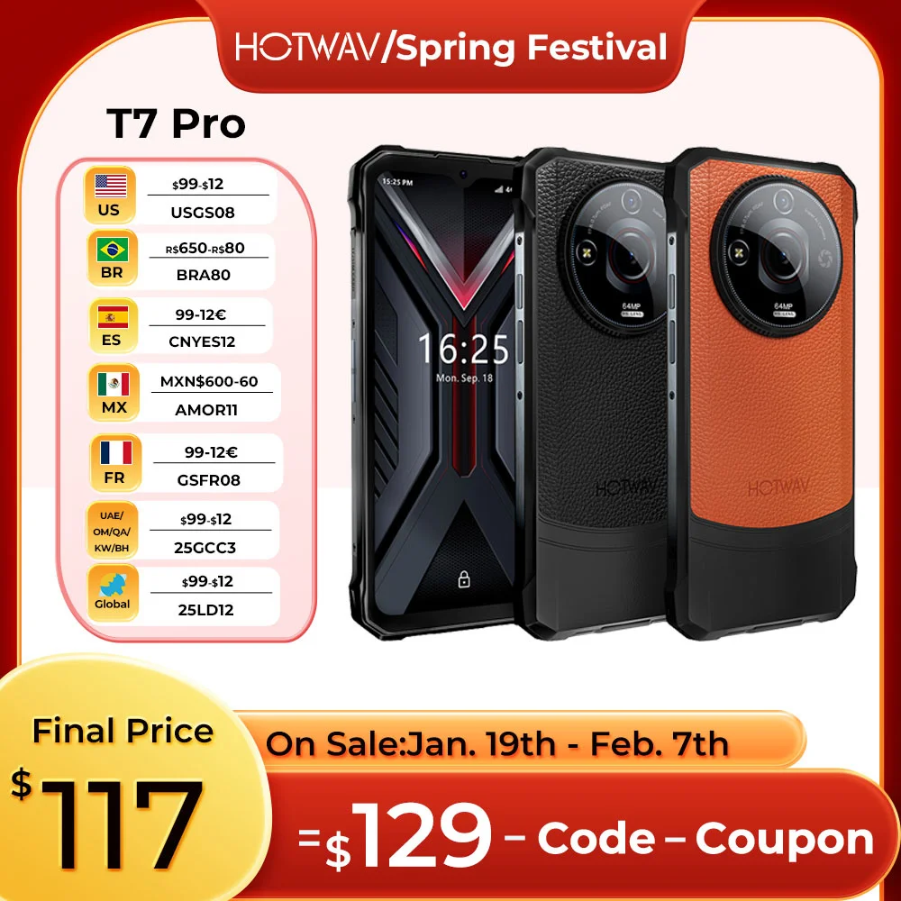 HOTWAV T7 Pro Rugged Smartphone Android 13 6.6'' FHD+ 2K 6280mAh 12GB RAM(6GB+6GB), 256GB ROM 64MP Face Unlock NFC Mobile Phone