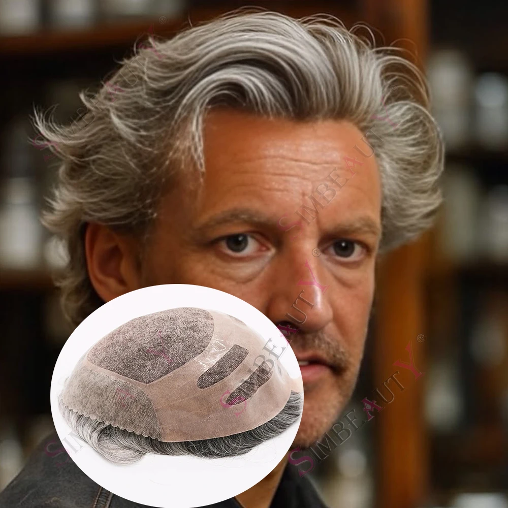 Durable Bond Mono&Thin Skin Hair Replacement System#565 1b40# 350 Grey Brown Human Hair Men's Toupee Breathable Man;s Hairpieces