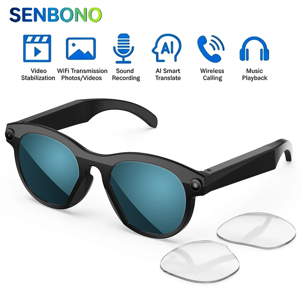

Умные очки SENBONO для мужчин с HD-камерой, голосовым переводом AI, передачей данных по Wi-Fi и Bluetooth, новые солнцезащитные очки 2025 года для женщин и мужчин