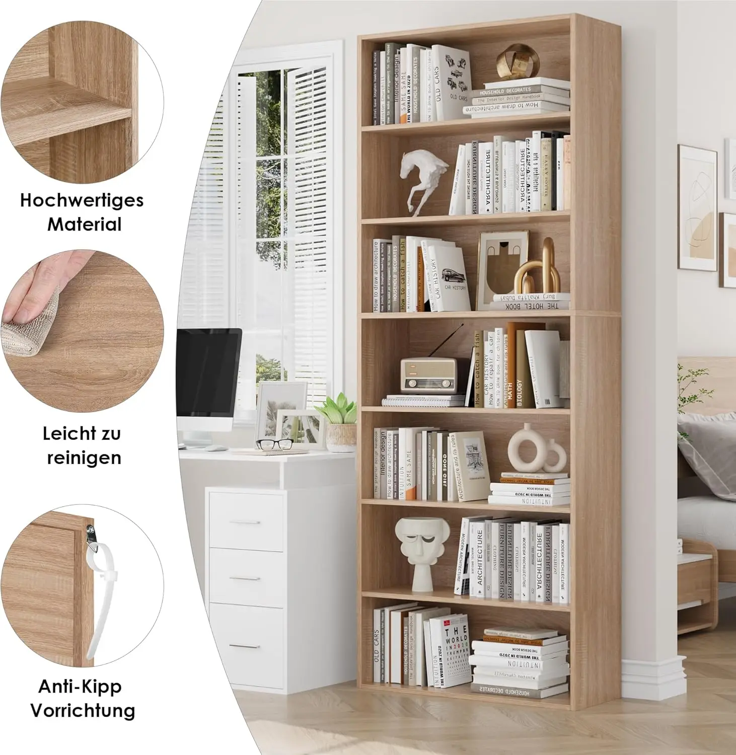 Bücherregal، Regal mit 7 Facherern، Bücherschrank، Standregal، Aufbewahrungsregal، فور Wohnzimmer Büro Schlafzimmer، 209,5 × 60 ×