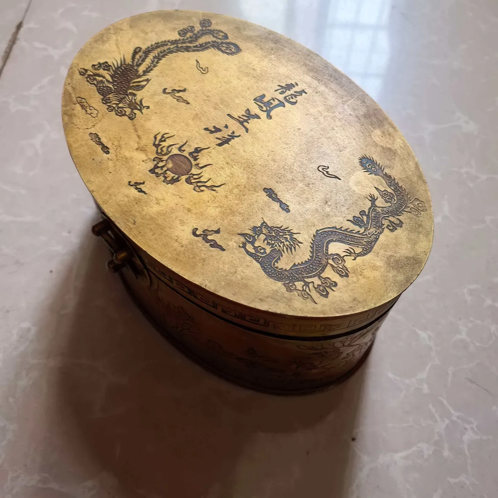 China old Collection Dragon Phoenix Flower Bird Pattern Storage Copper Box