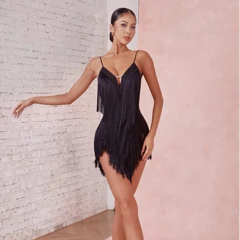 Sukienka damska na ramiączkach spaghetti, strój do tańca latynoamerykańskiego z frędzlami, ekskluzywny kostium sceniczny, zestaw na wybieg