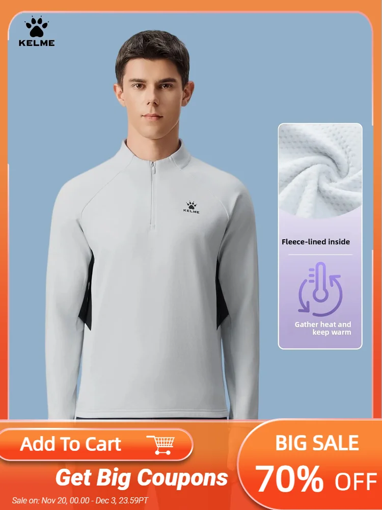 

Kelme Half Zipper Training Shirt Men's Football Sports Hoodie Autumn/winter Warm Stand Up Collar Long Sleeve T-shirt