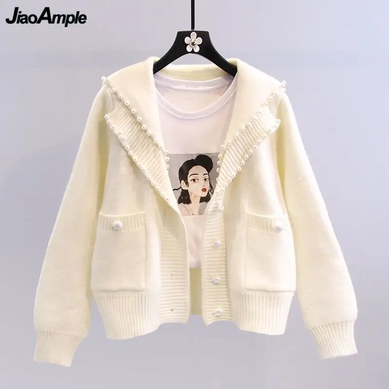 Women's Falls Graceful Pearl Sweater Cardigan Fashion Sailor Collar Puff Sleeve Knit Coats Autumn Winter Solid Knitwear Female