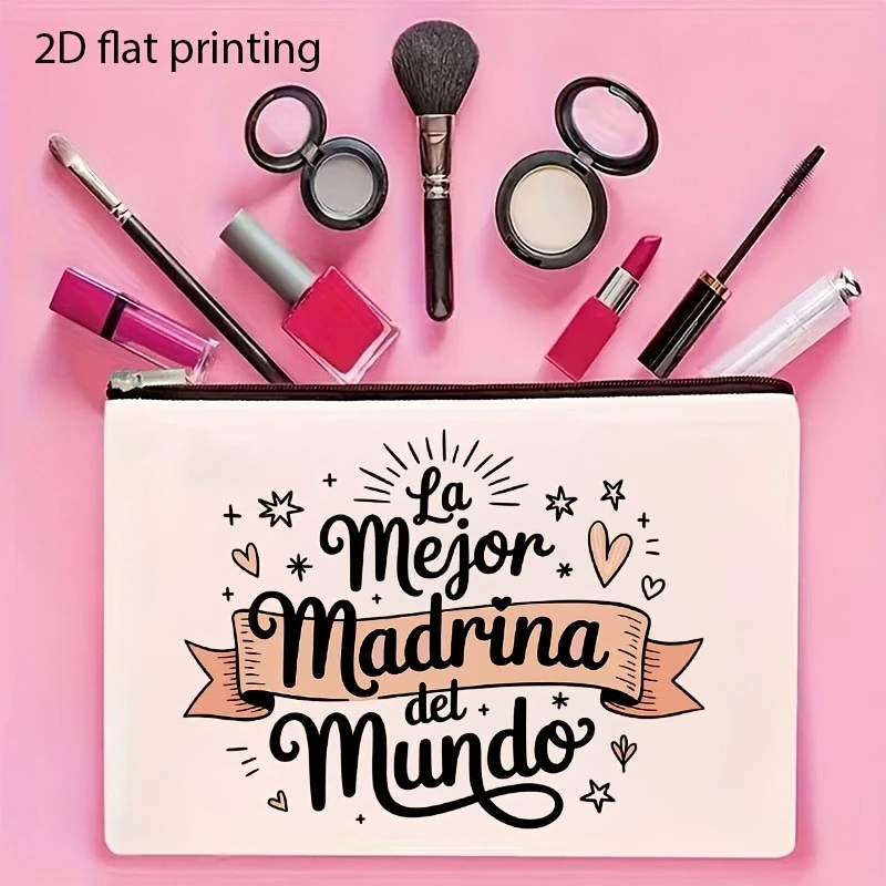 Set de 2 Bolsas de Viaje para Cosméticos - 1 Bolsa de Maquillaje con Diseño 'La Mejor Madrina del Mundo' en Español + 1 Correa de Muñeca Desmontable