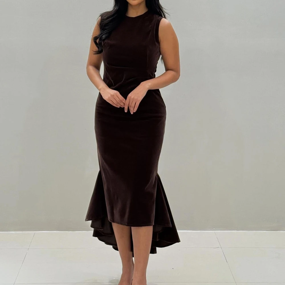 맞춤형 캐주얼 스트레이트 이브닝 드레스 티 길이 O넥 민소매 프롬 가운 심플 패션 드레이프 우아한 파티 가운