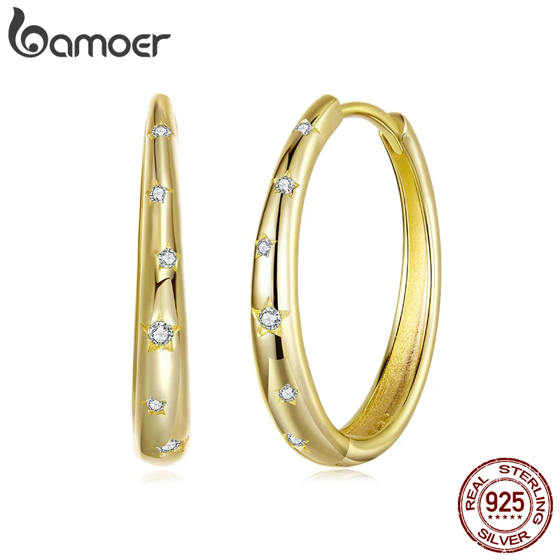 

Bamoer 925 Sterling Silver Large Gold Hoop Huggie Earrings with Zircon Star Hypoallergenic Earrings Dainty Trendy Jewelry Gift