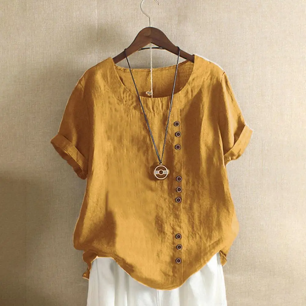 Blusa de manga corta con botones para mujer, Top con botones, Tops elegantes para mujer, cuello redondo, corto para mujer, informal para mayor comodidad