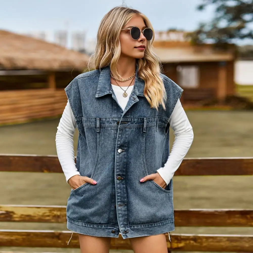 

Solid Color Denim Vest Stylish Sleeveless Denim Vest with Big Pockets Women's Casual Streetwear Jacket Coat for Everyday