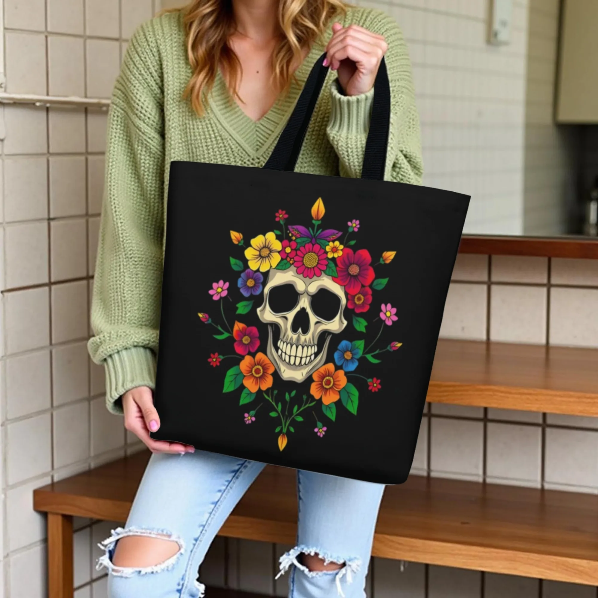 

Day of The Dead Sugar Skull Floral Canvas Tote Bag Latin American Folk Art Decor Style Festival Commemorative Party Shoulder Bag