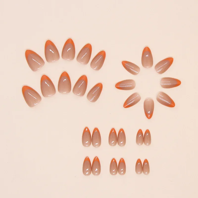 24 قطعة الأظافر الاصطناعية الأظافر وهمية نصائح بالجملة الفرنسية البرتقال قصيرة اللوز الصحافة على الأظافر قابلة لإعادة الاستخدام لاصق الأظافر كاذبة