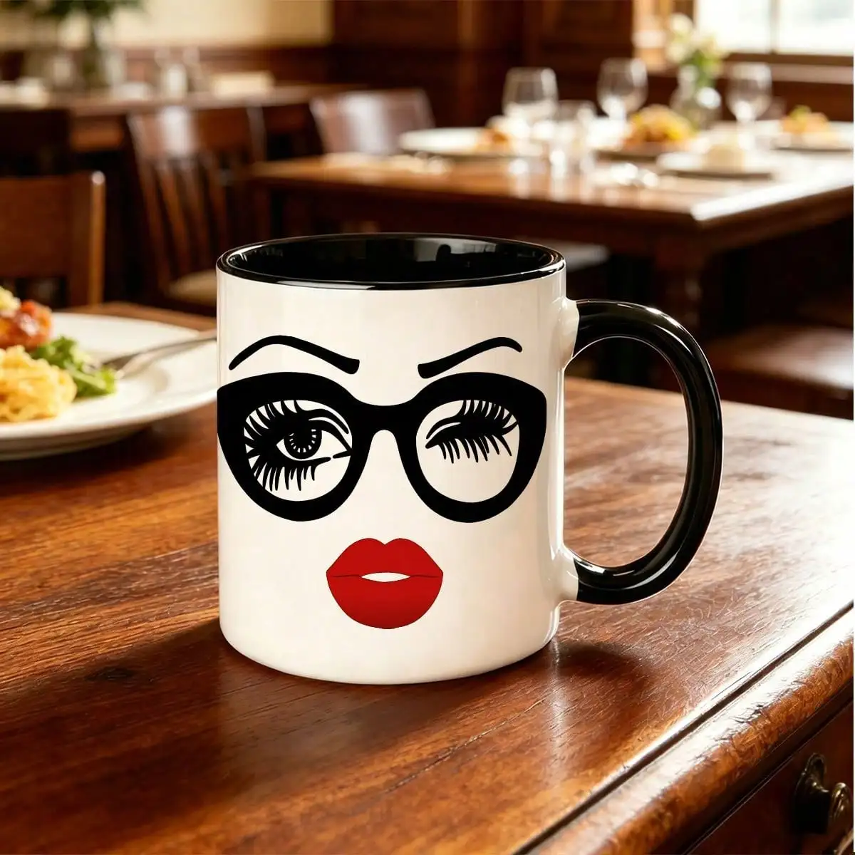 11-Ounce Playful Winking Ceramic Coffee Mug, Featuring A Red Lip And Cat Eyeglass Frame Design - Stylish Black And White Color Scheme, Suitable For Coffee, Tea SH260728113207732181393