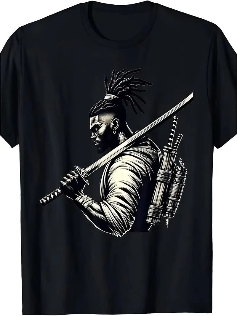 Men's Vintage Black T-Shirt Samurai Warrior Katana Sword Graphic Print Soft Breathable Casual Crewneck Short Sleeve Tee Outdoor