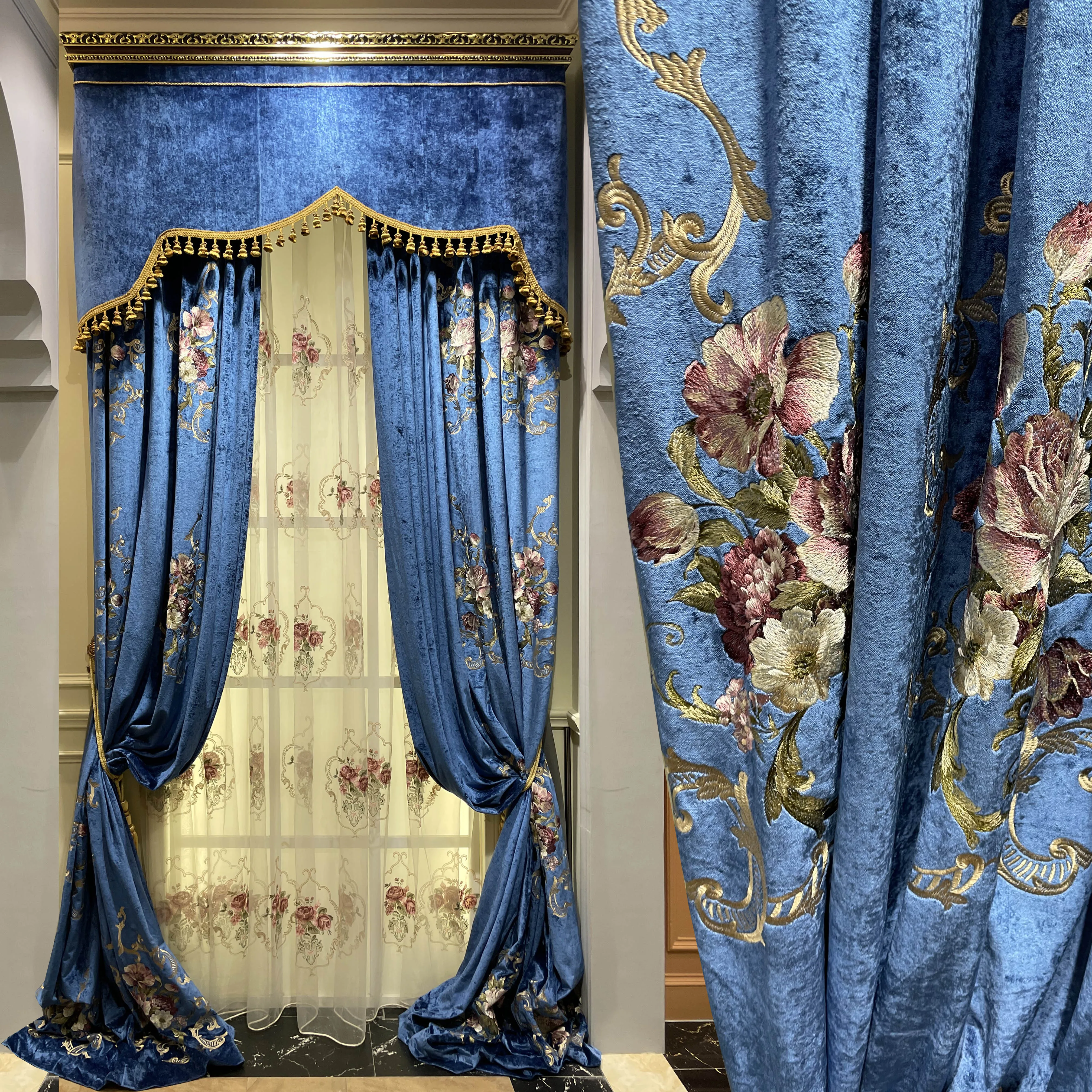 Custom Exquisite embroidery blue European vintage palace velvet thick cloth valance blackout curtain tulle drape C1987