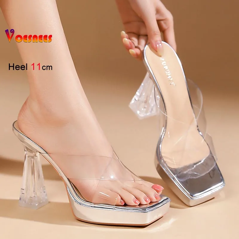 

New 2026 Fashion Women Slippers 11CM High Heels Clear Crystal Coarse Heel Thick Soled Sandals Summer Casual Party Lady Slippers