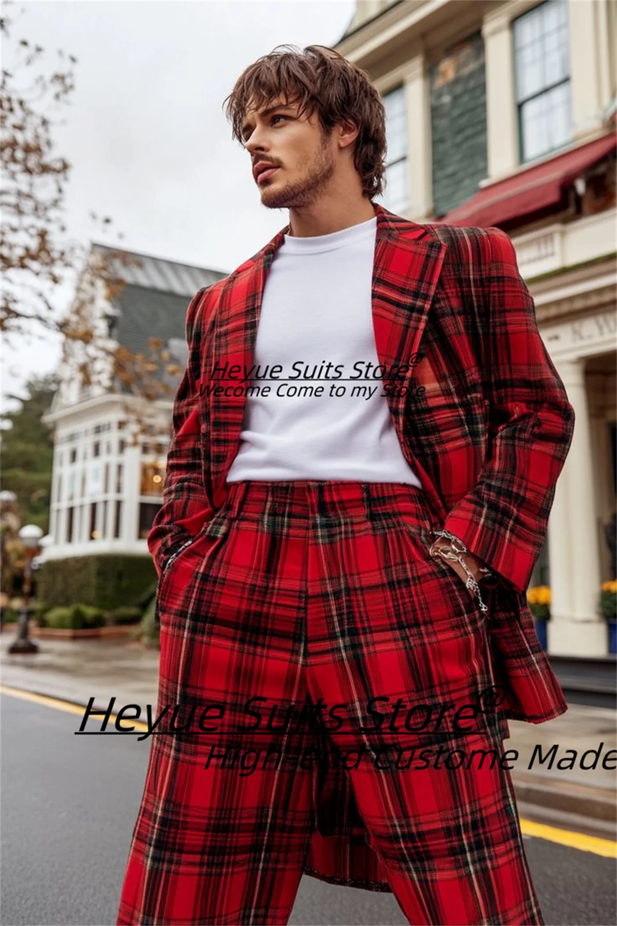 

Handsome High-qublity Red Plaid Men Suits Slim Fit Peak Lapel Groom Prom Tuxedos Casual 2 Pieces Sets Male Customized Blazers