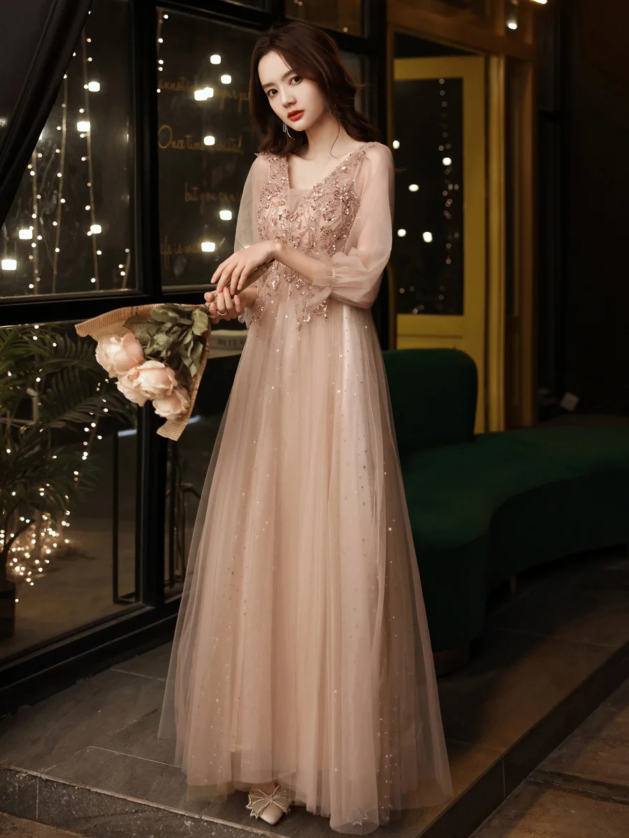 

Длинные вечерние платья цвета шампанского с коротким рукавом и блестками, женское платье принцессы для банкета, бала, выпускного вечера, платье для выступлений