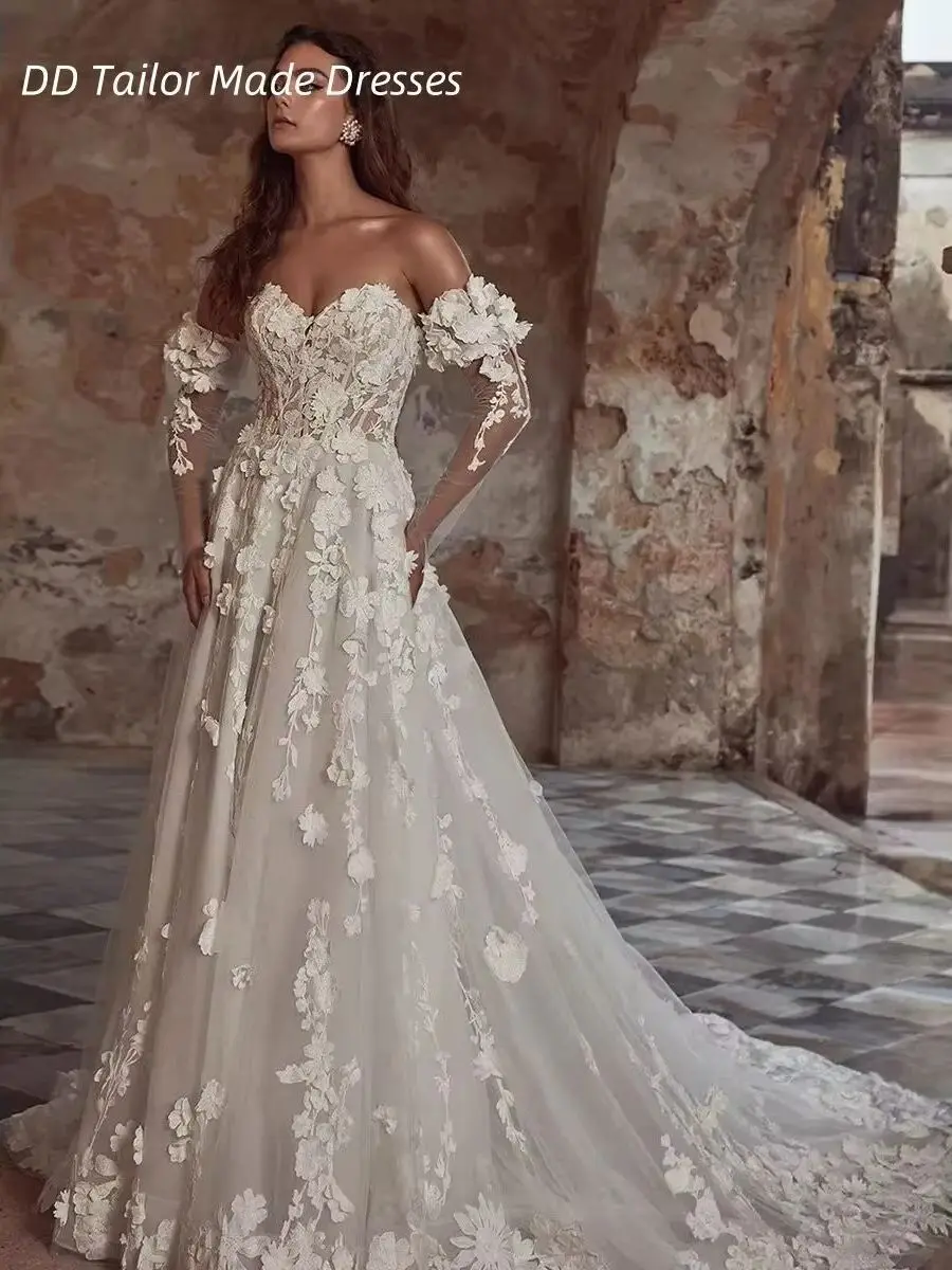 Ivory Boho Lace Wedding Dress With 3D Floral Appliques Removable Sleeves Long Country Bridal Gowns Customized Vestidos De Novia