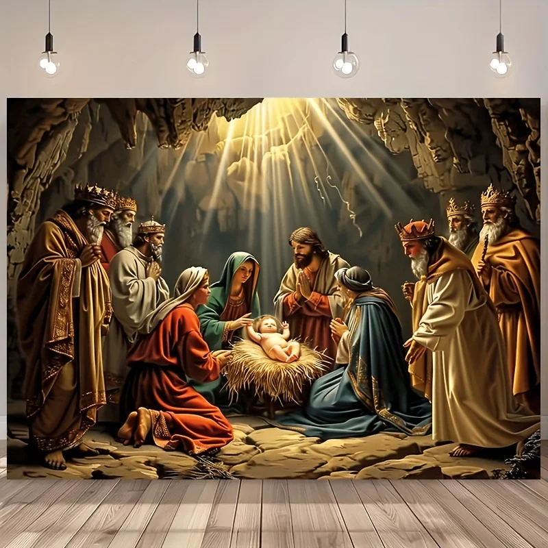 1pc Vintage Christmas Nativity Scene Tapestry, Global Holiday Series with Spectators,for Living Room Outdoor Decor Background