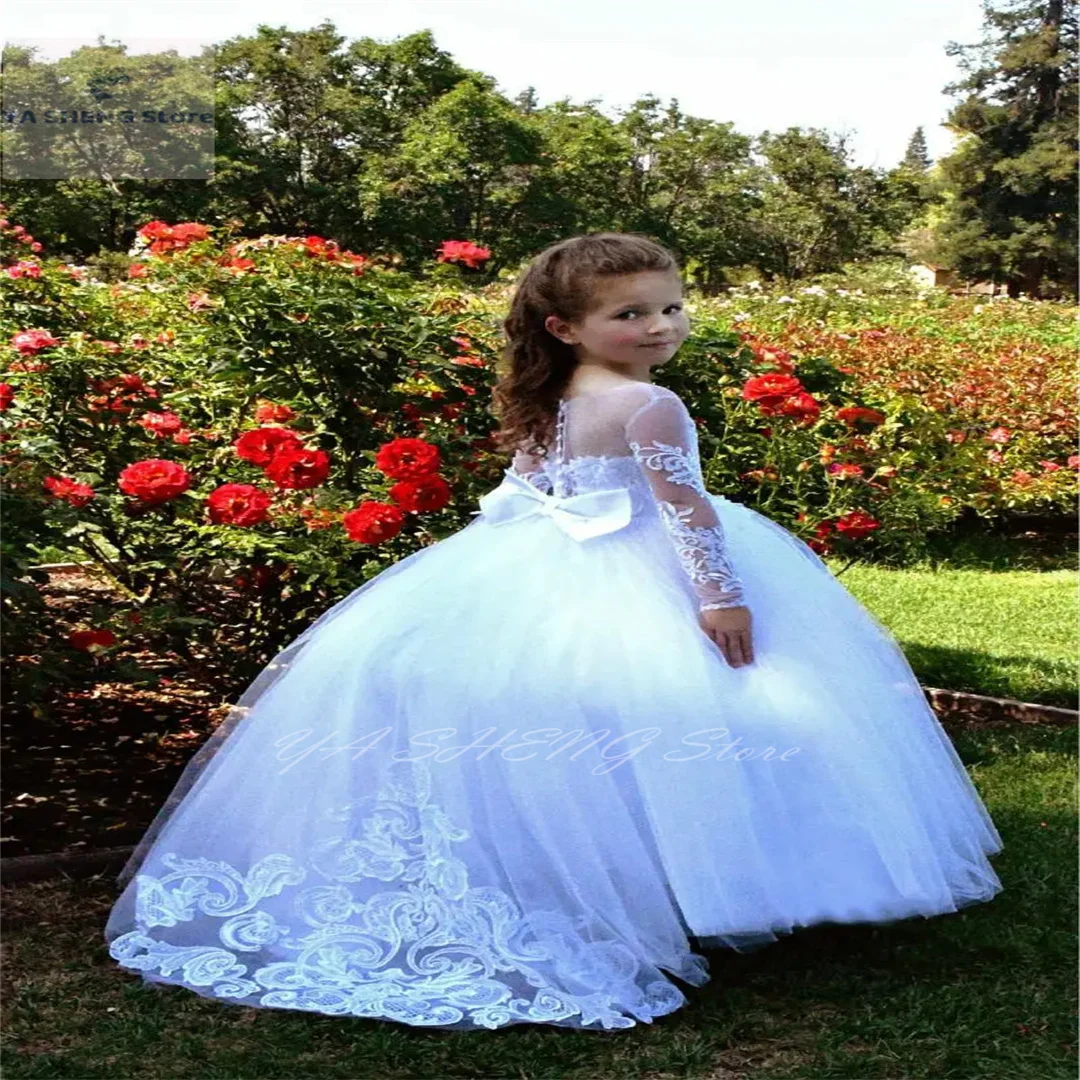 

Flower Girls Dresses Beautiful Holy Communion Dresses Lace Long Sleeve Beaded Puffy Ball Gown Prom Pageant Dress For Girls