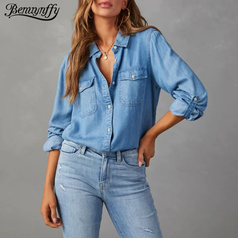 

Benuynffy Casual Single-breasted Denim Shirt Women 2025 Autumn Turn-down Collar Long Sleeve Loose Jean Top Vintage Streetwear