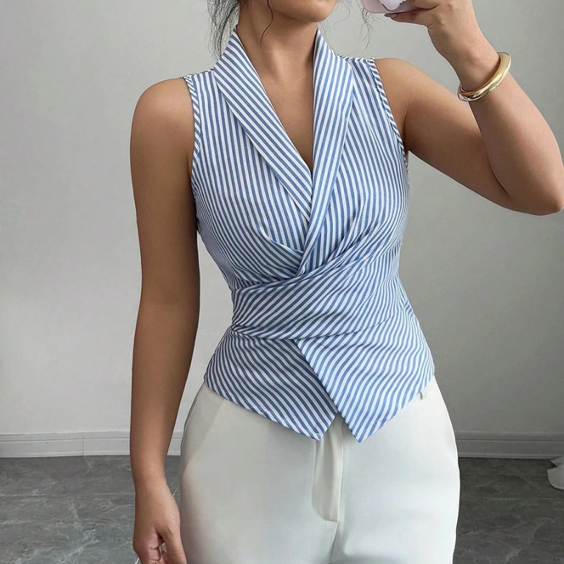 Elegant Blue Striped Print Blouse Top for Women Deep V-neck Sleeveless Vest Shirt Casual Strap Lace-up Waist Chic Blouses Female