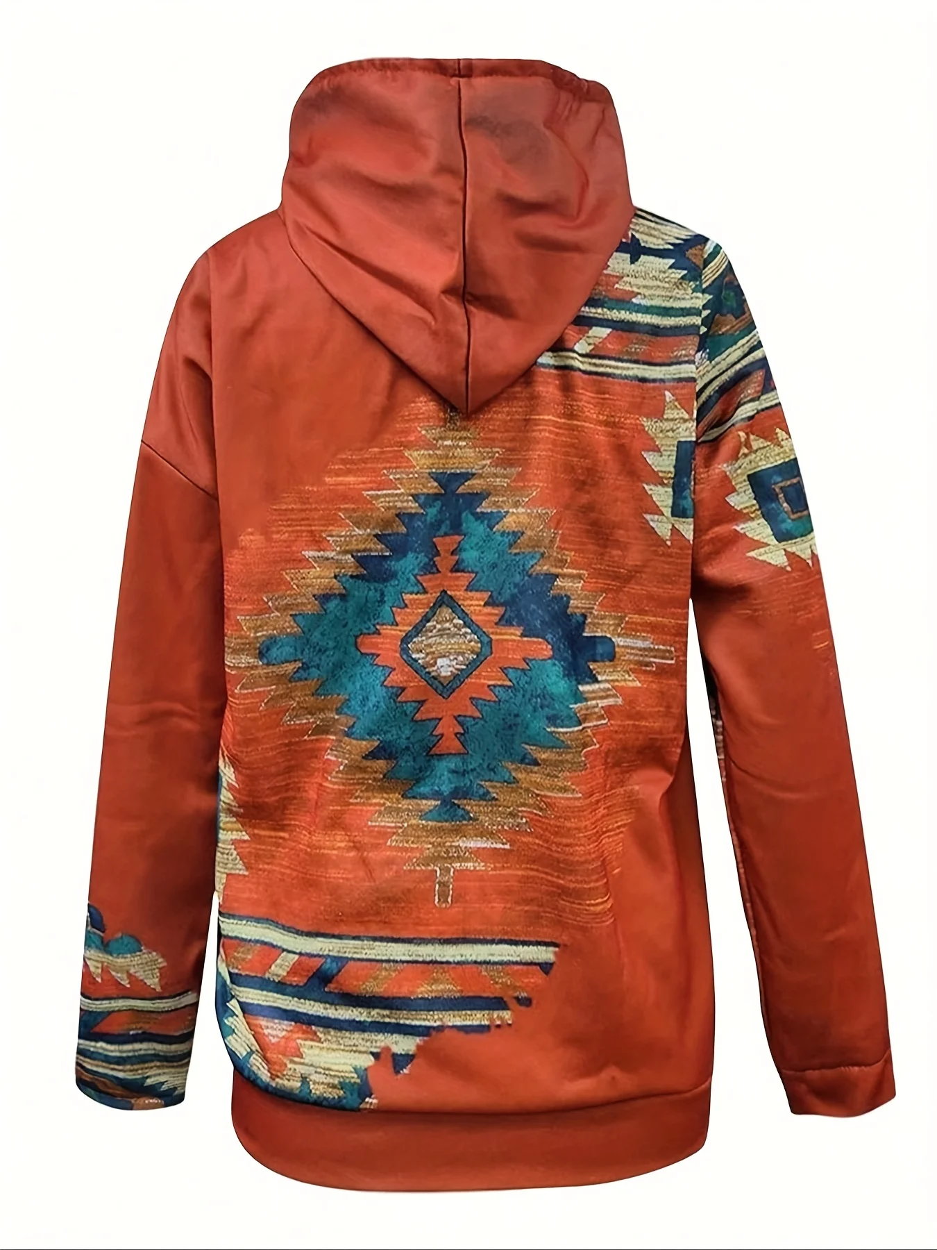 Women Plus Size Rust Western Aztec Tribal Geometric Print Drawstring Hoodie Pocket Oversized Daily Sweatshirt view 2