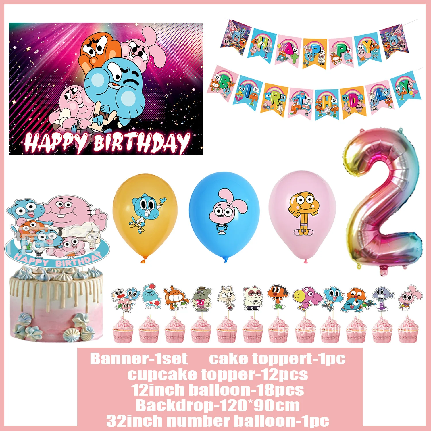 Cartoon Gumball Geburtstagsparty-Zubehör Erstaunliche Welt Happy Birthday Ballon-Banner Cupcake-Topper Hintergrund für Kinderparty-Dekoration – Detail 6