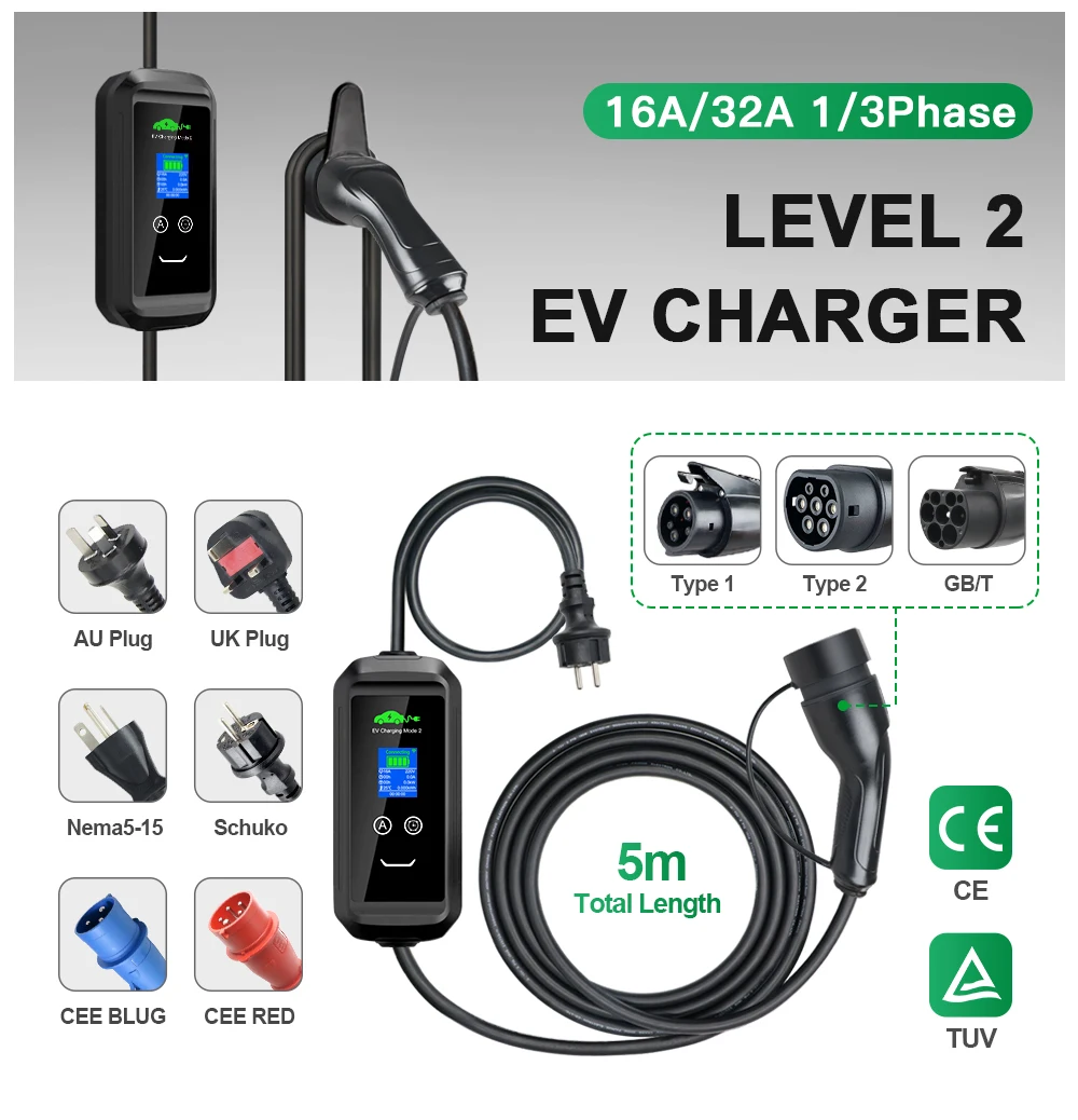 Kolanky 11kw 16a 3p tragbares ev ladegerät wallbox wall mount iec 62196 type2 stecker tuya app wifi laden elektro fahrzeug kabel 5m – Detail 2