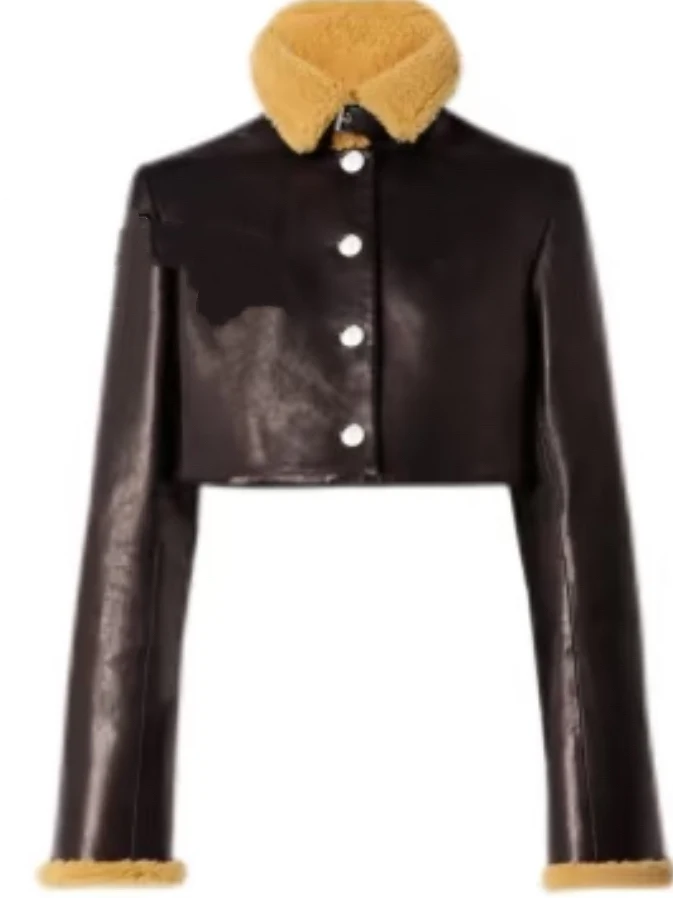 Giacca in Pelle PU Vintage Jennie con Colletto Soffice e Bottone Singolo, Cappotto in Pelle Lungo da Donna, Stile Dritto alla Moda