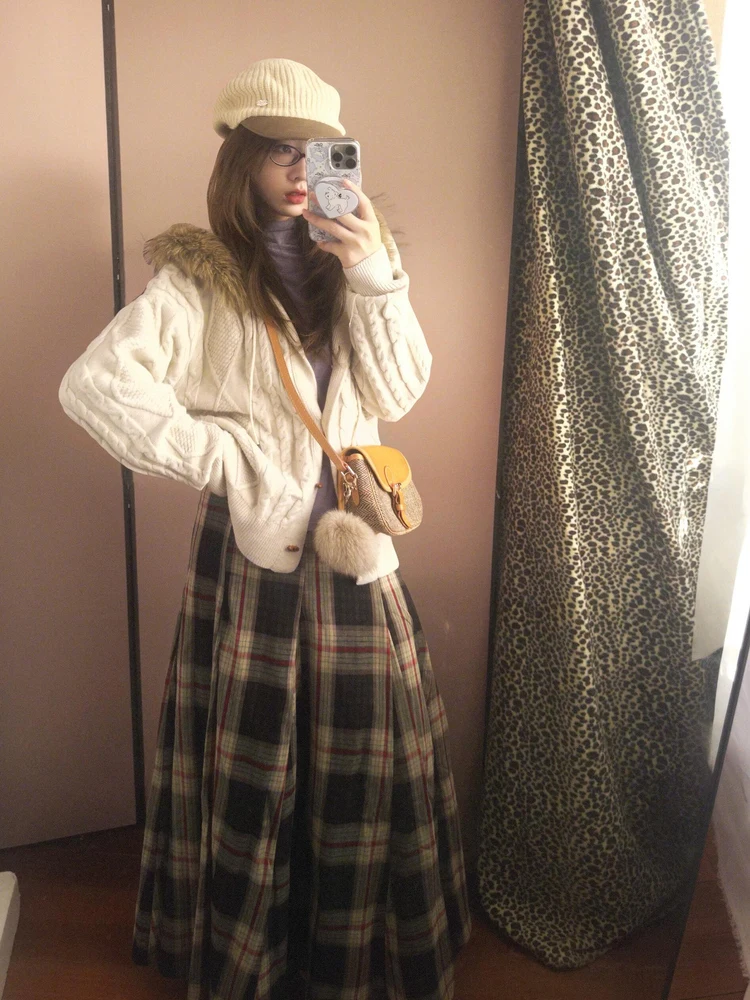 Retro Light Brown Plaid Double-Sided Wear Extra Large Swing Checkered  Skirt for Women Spring Autumn New Long Skirts