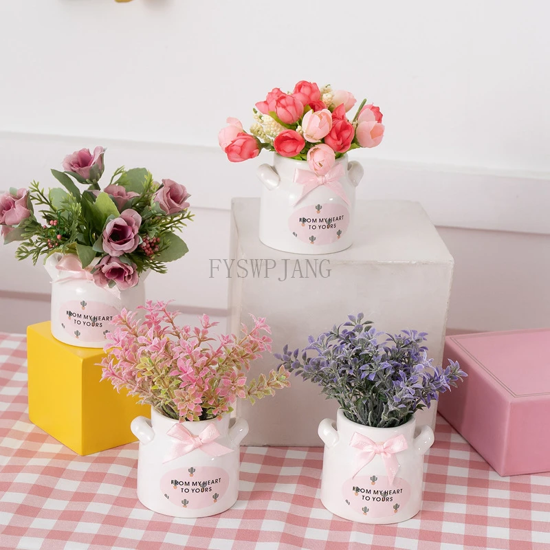 2pcs Mini Artificial Flower Succulent Plant Potted Ceramic Flower Pots For Car Indoor Home Decoration Ornaments Flower Art