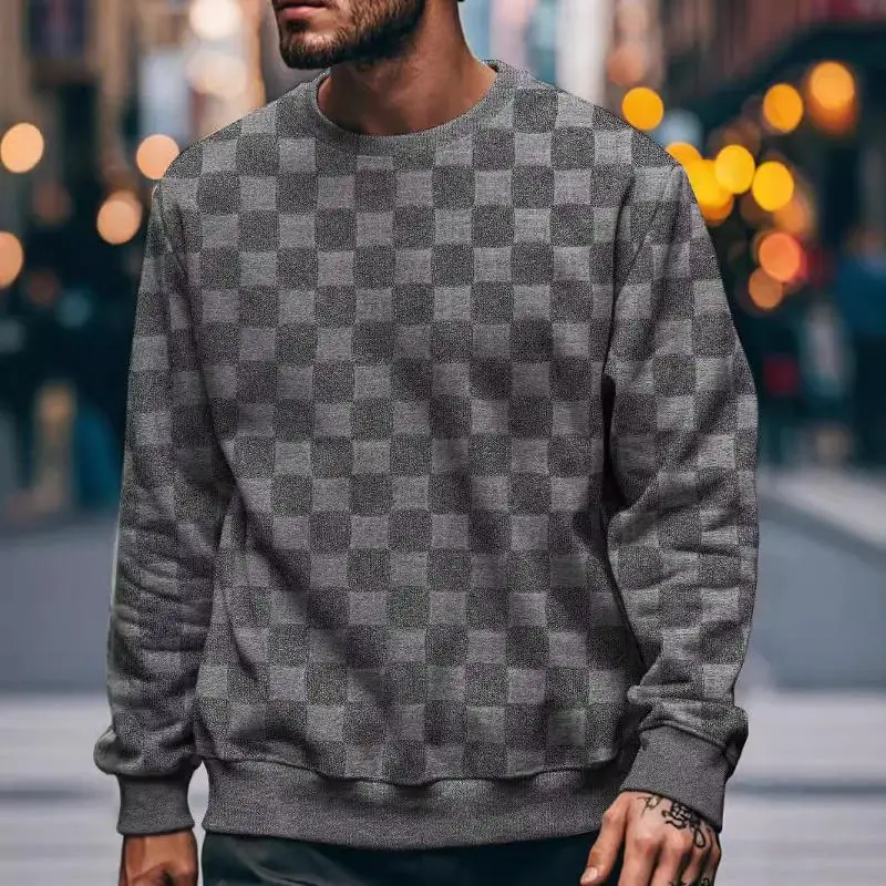 

Men's Fashionable Long Sleeve Hoodie Original Collar Towel Plaid Pattern Casual Comfortable Loose Fit Autumn Winter Sweatshirt
