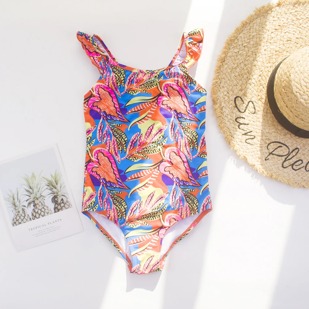 

Летний детский купальник с принтом листьев для девочек, цельный, с рюшами, для пляжа, 4-8 лет