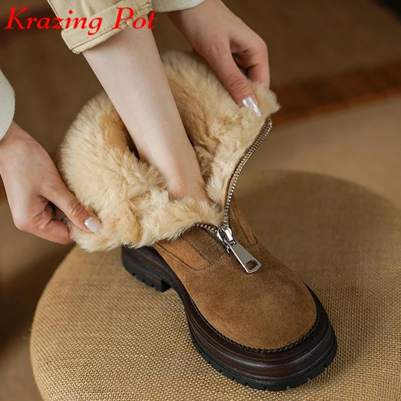 

Krazing Pot New Cow Suede Round Toe Winter Keep Warm Snow Boots Thick Bottom Wool Fur Fashion Med Heels Front Zipper Ankle Boots