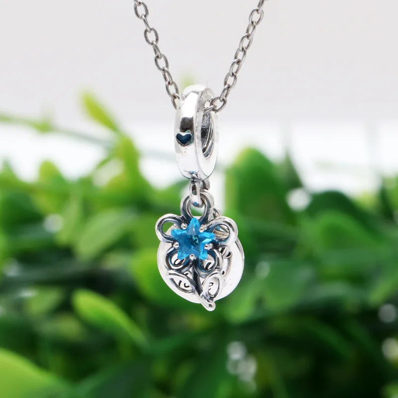 

New Original 925 Sterling Silver Bead Blue Blooming Flower Double Dangle Charm Fit Pandora Bracelet Necklace DIY Women Jewelry