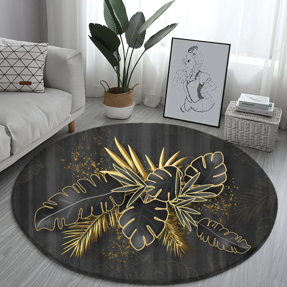 Black Gold Tropical Plant Leaves Round Rugs Sofa Rug Home Living Room Bedroom Bathroom Floor Mats Print Decorate Carpet