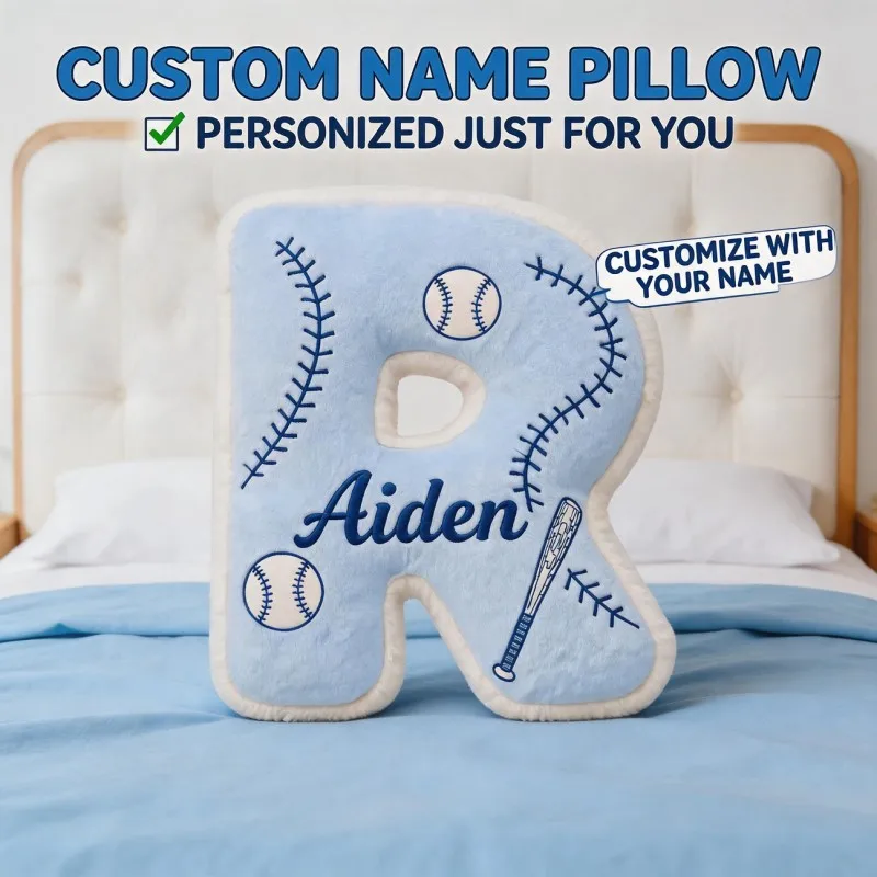 Custom Photo Baseball Letter R Shaped Pillow Light Blue Sports Theme Decorative Cushion Personalized Gifts Boyfriend Adults Man