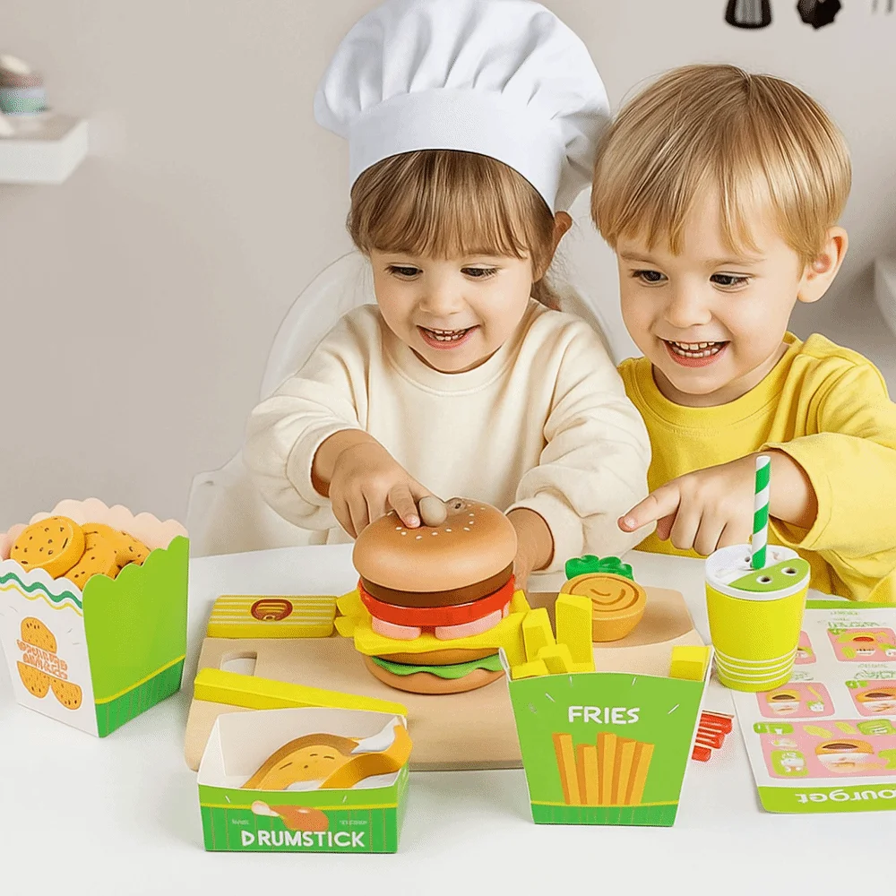 Maison de jeu en bois, jouets pour hamburgers, Sandwich à Hamburger, artisanat exquis, jeu de simulation, jouets alimentaires de cuisine, caractéristiques interactives