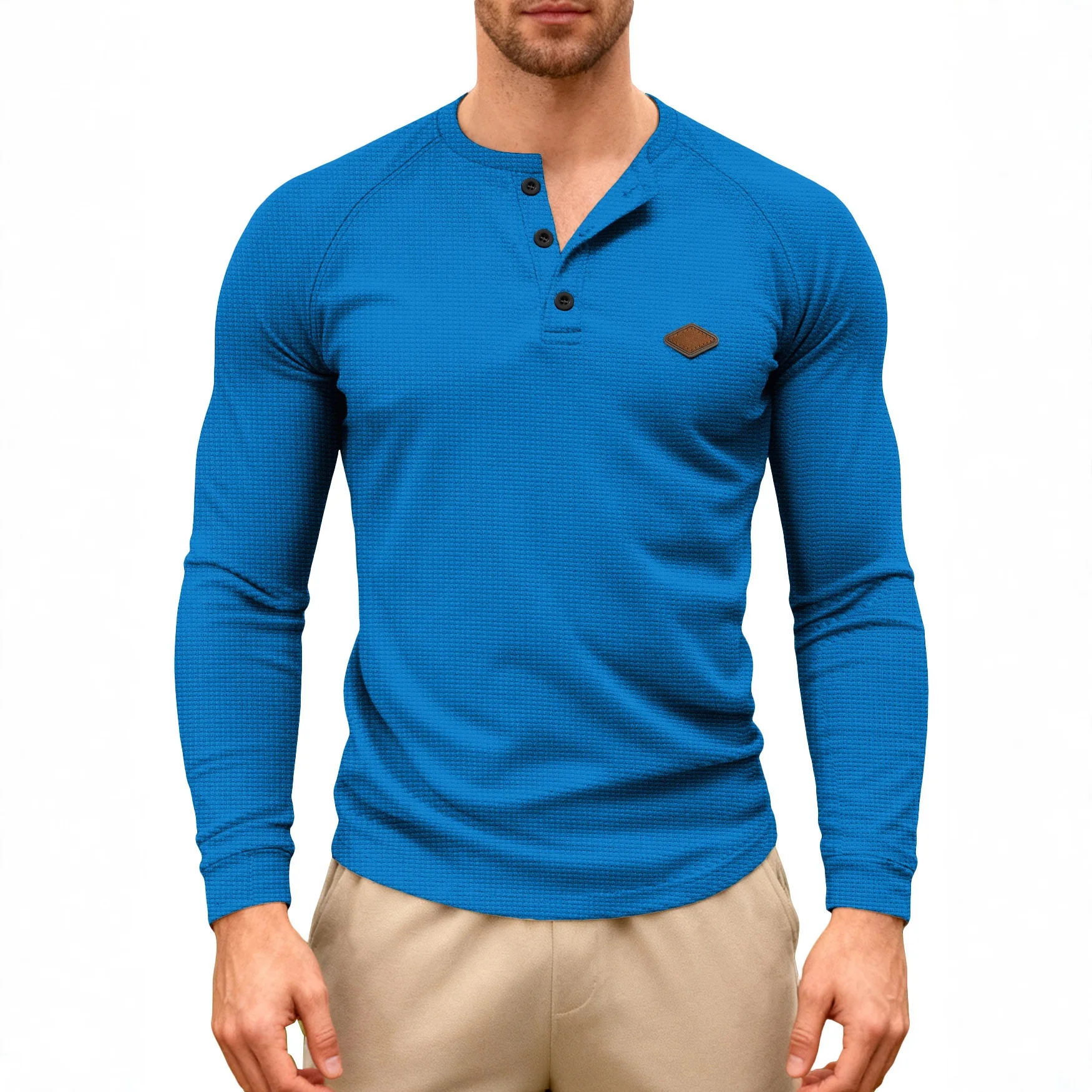 New Men's Casual American Spring And Autumn Waffle Button-Up Quick-Drying Shoulder Plug Henry T-Shirt Long Sleeve